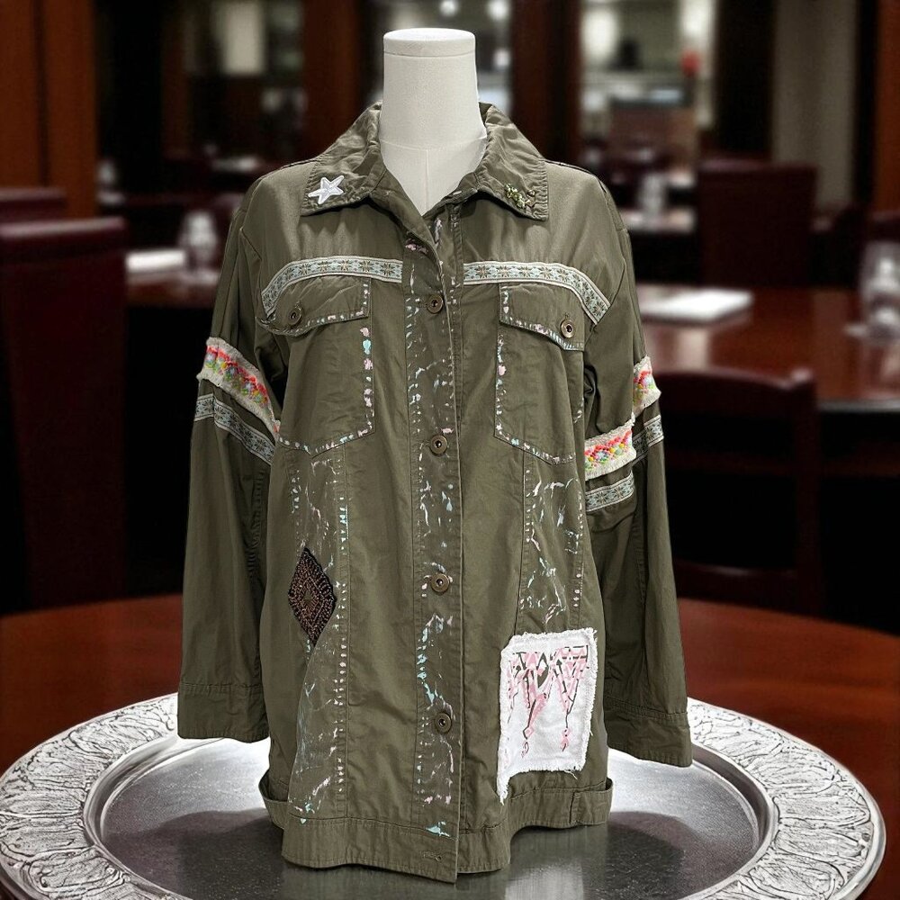 New York And Company Army Green Military Embellished Jacket Medium Boho Festival